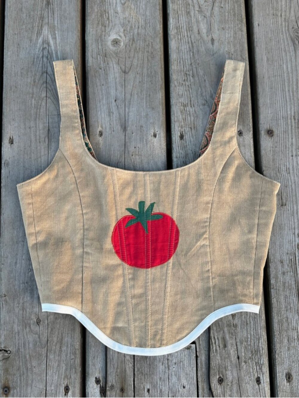 handmade upcycled courderoy corset with tomato applique embroidered